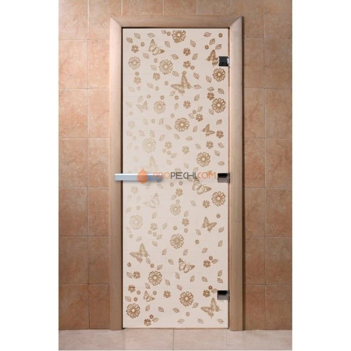 Дверь для бани DoorWood с рисунком Цветы и бабочки Сатин, 2000x800 мм