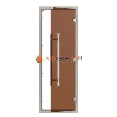 Дверь для бани стеклянная SAWO 741-4SGA-3 7/19, бронза, с порогом, осина, прямая ручка с металлической вставкой