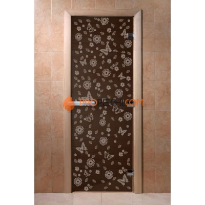 Дверь для бани DoorWood с рисунком Цветы и бабочки Черный жемчуг, 1900x700 мм