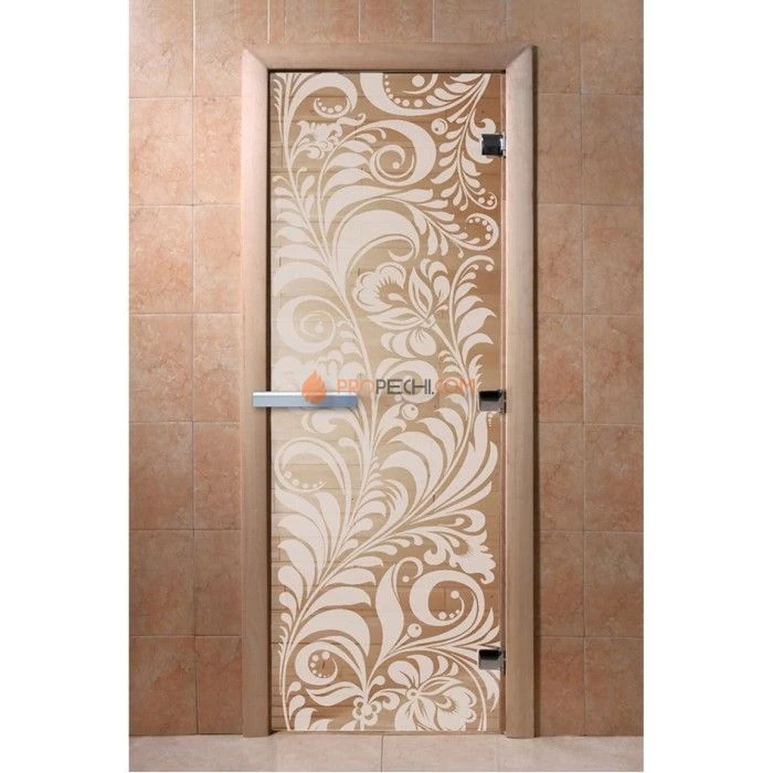 Дверь для бани DoorWood с рисунком Хохлома Прозрачная, 2000x600 мм