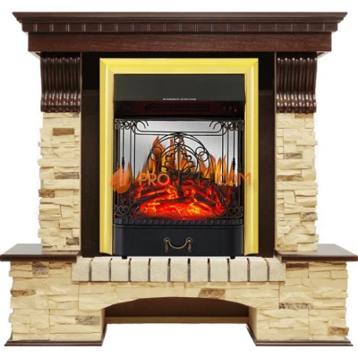 Каминокомплект Royal Flame Pierre Luxe угловой - Темный дуб / Сланец с очагом Majestic FX M Brass