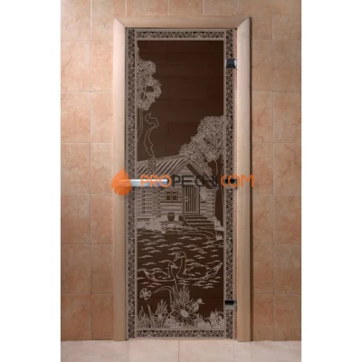 Дверь для бани DoorWood с рисунком Банька в лесу Черный жемчуг, 2000x800 мм