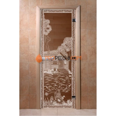 Дверь для бани DoorWood с рисунком Банька в лесу Бронза, 2000x800 мм