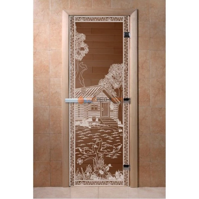 Дверь для бани DoorWood с рисунком Банька в лесу Бронза, 2000x800 мм