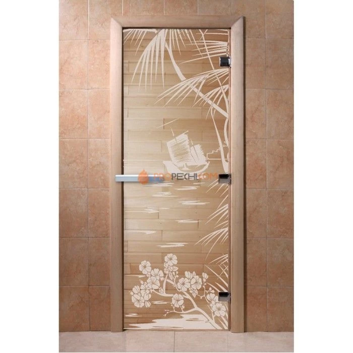 Дверь для бани DoorWood с рисунком Голубая лагуна Прозрачная, 2000x900 мм