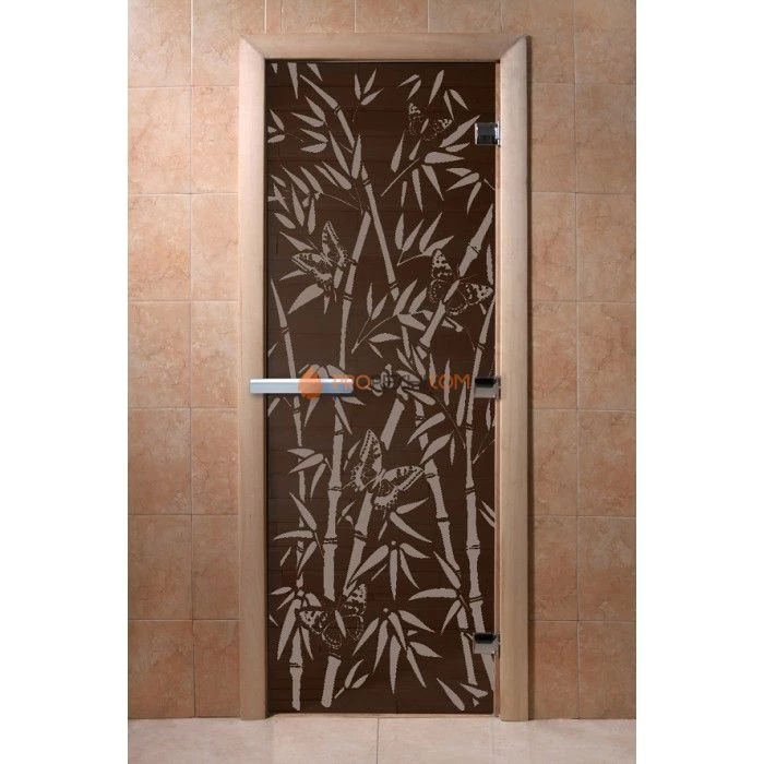 Дверь для бани DoorWood с рисунком Бамбук и бабочки Черный жемчуг, 2000x800 мм
