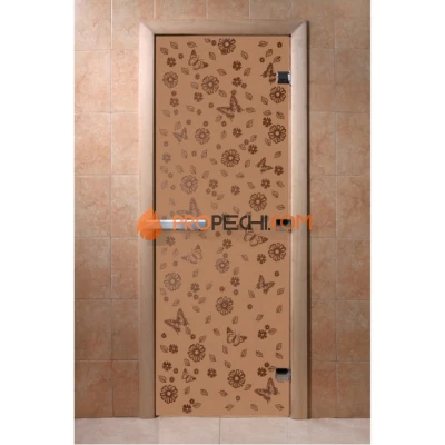 Дверь для бани DoorWood с рисунком Цветы и бабочки Бронза матовая, 2000x600 мм