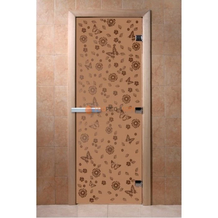 Дверь для бани DoorWood с рисунком Цветы и бабочки Бронза матовая, 2100x800 мм