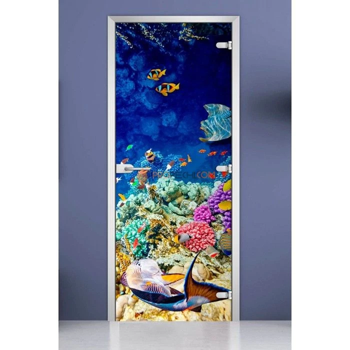 Стеклянная межкомнатная дверь DoorWood с фотопечатью Underwater World-04, 2000х700 мм