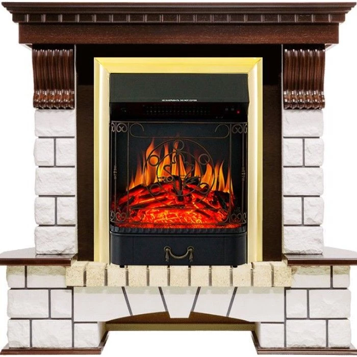 Каминокомплект Royal Flame Pierre Luxe угловой - Темный дуб / Белый с очагом Majestic FX Brass