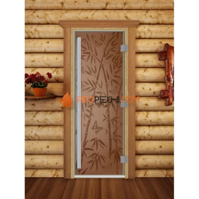 Дверь для бани DoorWood Престиж с рисунком Бамбук и бабочки Бронза матовая, 1900x700 мм