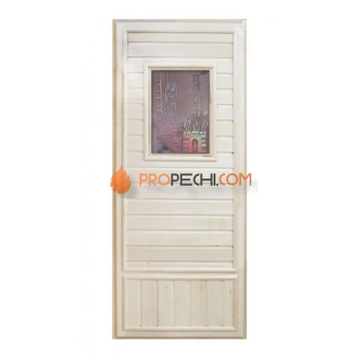 Дверь для бани DoorWood деревянная Вагонка эконом со стеклом Девушка в баньке (1850x750 мм)