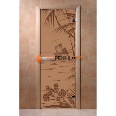 Дверь для бани DoorWood с рисунком Голубая лагуна Бронза матовая, 2000x600 мм