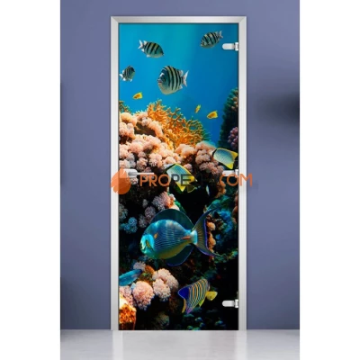 Стеклянная межкомнатная дверь DoorWood с фотопечатью Underwater World-14, 2000х600 мм