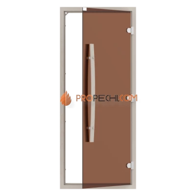 Дверь для бани стеклянная SAWO 742-4SGA 8/19, бронза, с порогом, осина, изогнутая ручка
