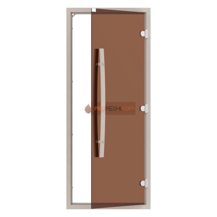 Дверь для бани стеклянная SAWO 742-4SGA 8/19, бронза, с порогом, осина, изогнутая ручка