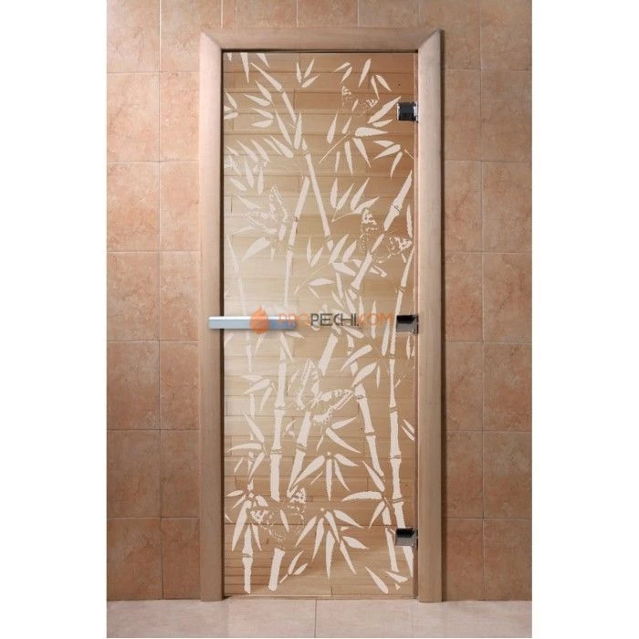 Дверь для бани DoorWood с рисунком Бамбук и бабочки Прозрачная, 2000x900 мм