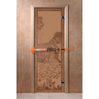 Дверь для бани DoorWood с рисунком Банька в лесу Бронза матовая, 2100x800 мм
