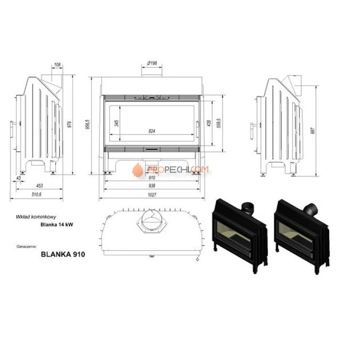 Каминная топка стальная Kratki Blanka 910 (14 кВт)