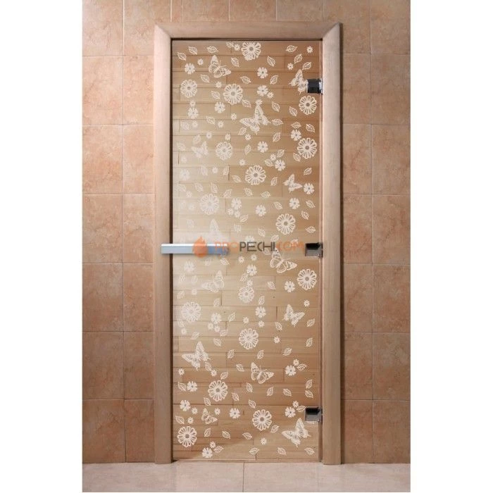 Дверь для бани DoorWood с рисунком Цветы и бабочки Прозрачная, 2000x800 мм