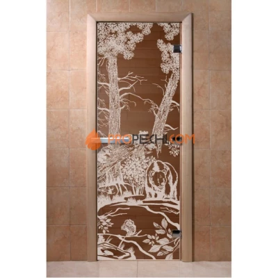 Дверь для бани DoorWood с рисунком Мишки Бронза, 2000x600 мм
