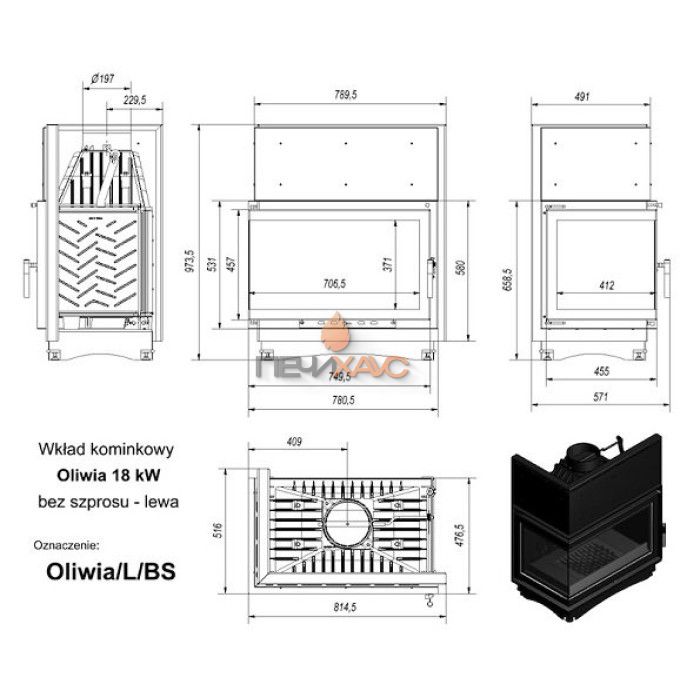 Каминная топка Kratki Oliwia/L/BS (угловое стекло слева)